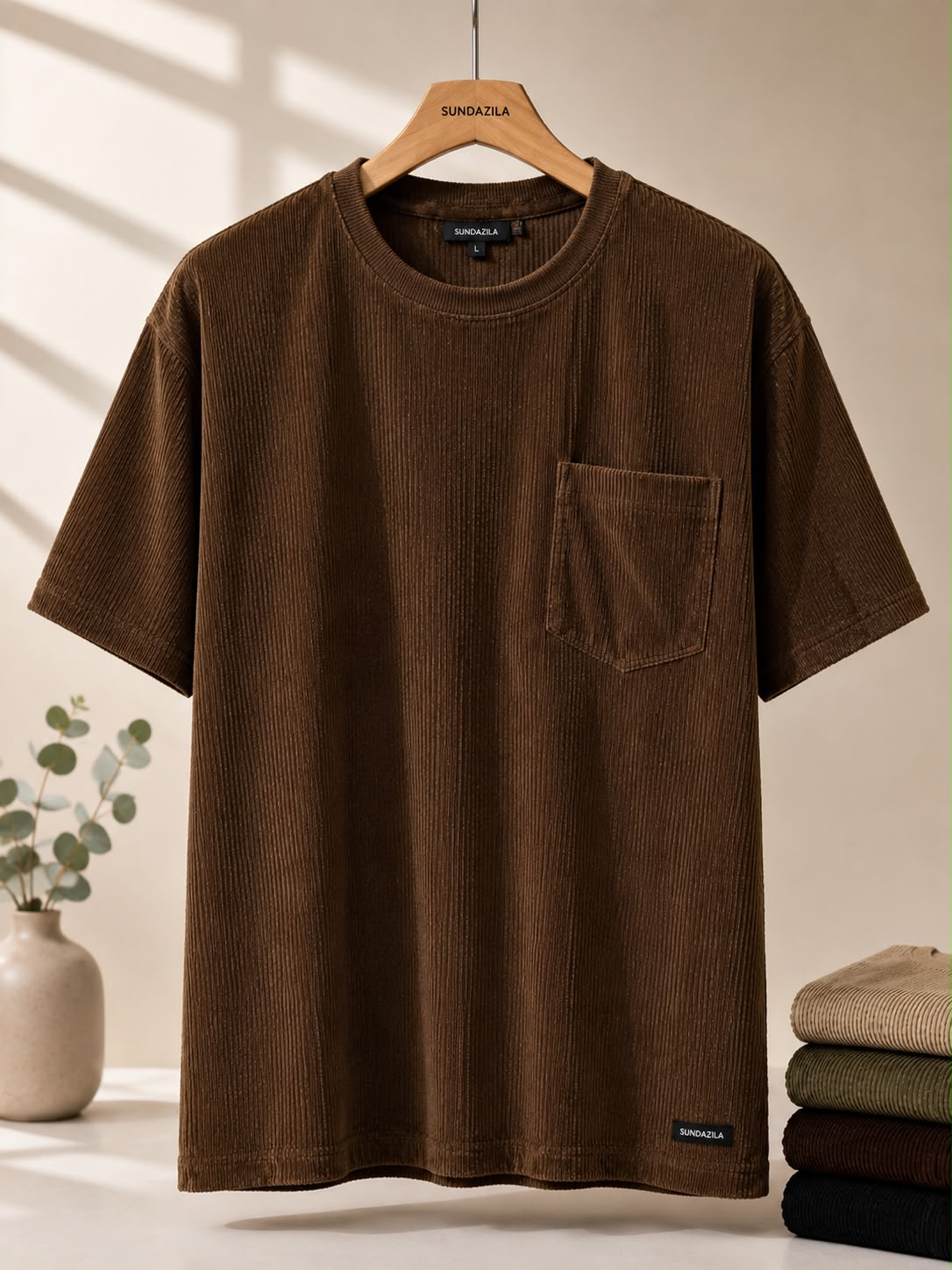 Brown corduroy t-shirt with chest pocket