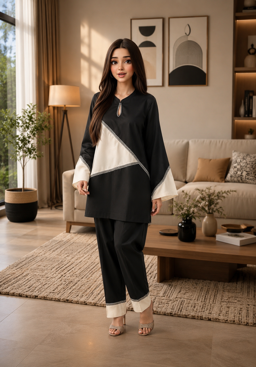 Black and ivory geometric co-ord set - full front view
