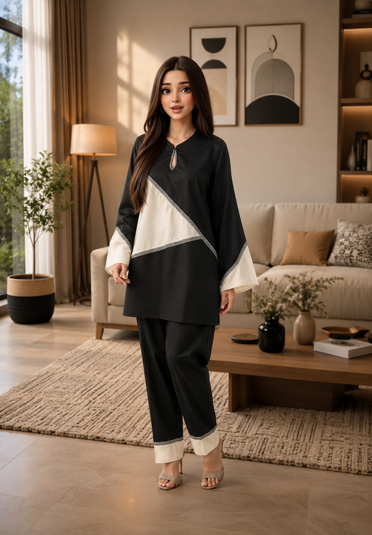 Black and ivory geometric co-ord set - full front view