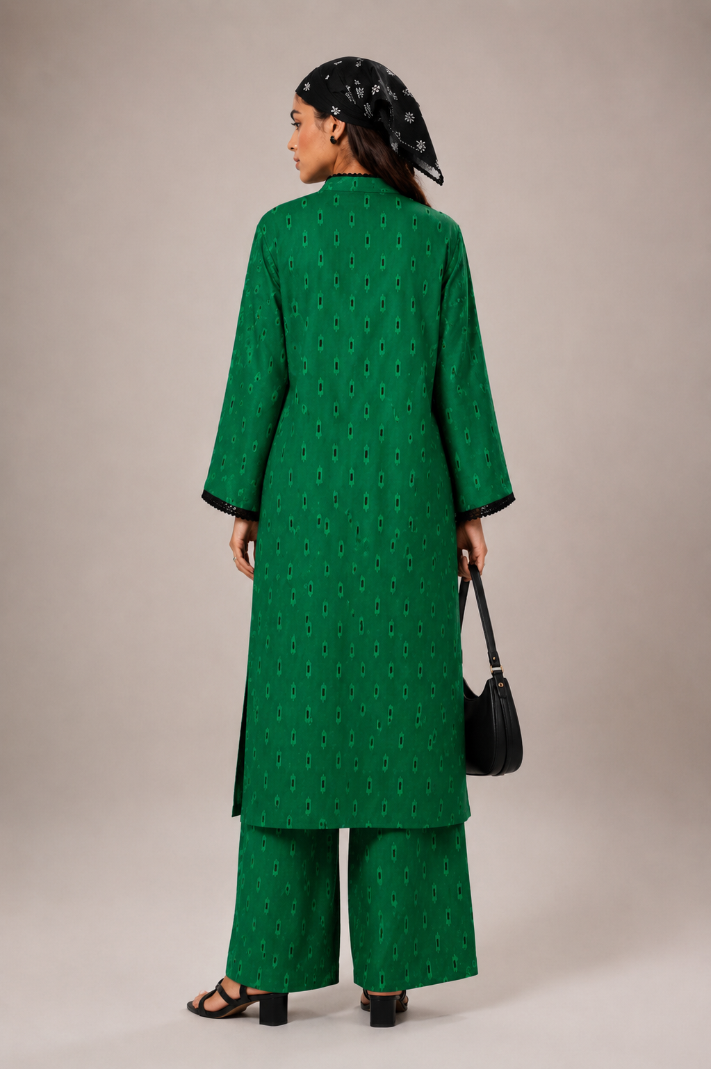 Emerald Ikat Co-ord Set – short shirt close-up on model