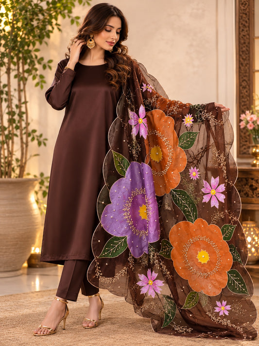 Brown 3-piece suit with floral organza dupatta - front view