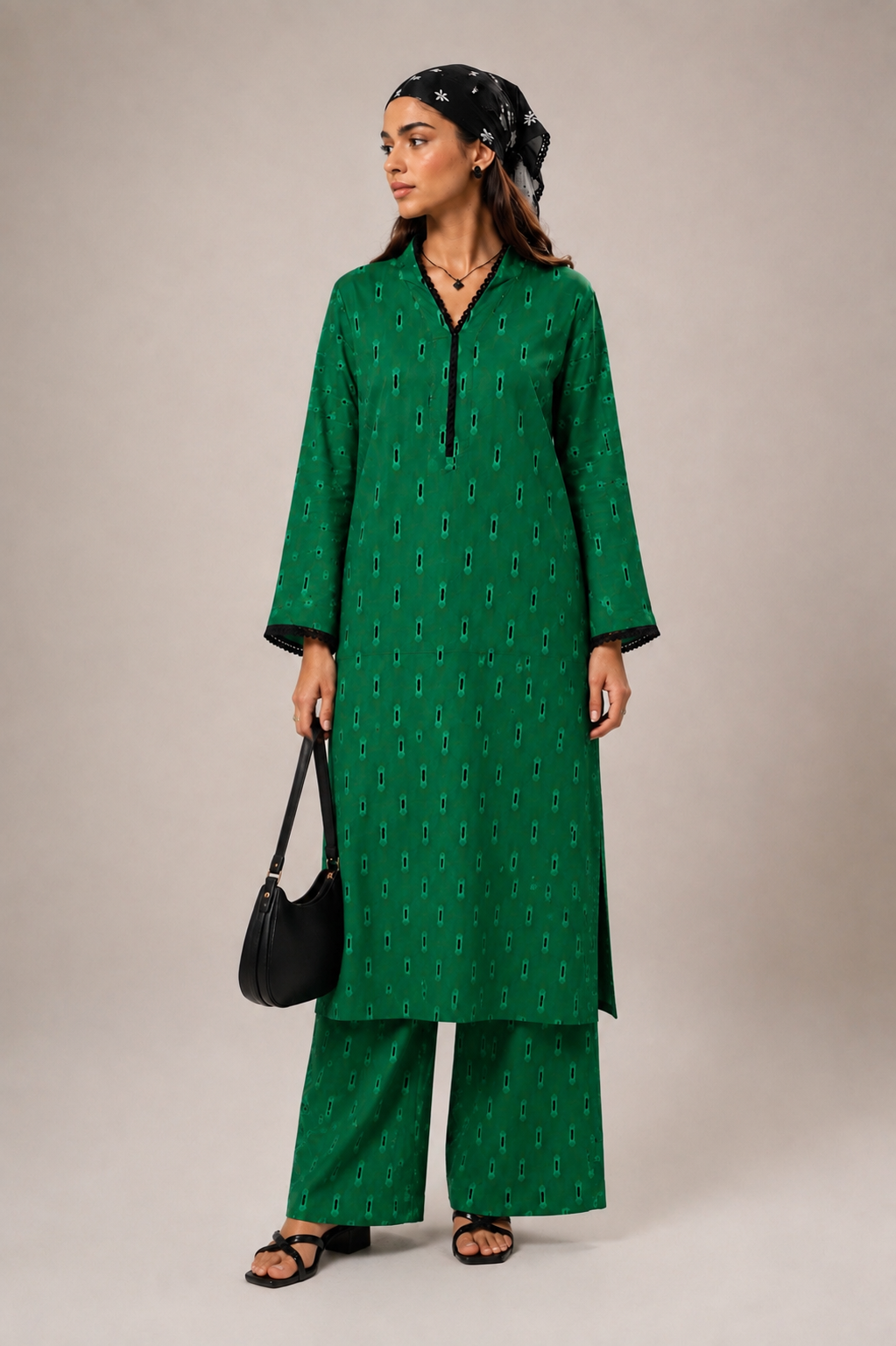 Emerald Ikat Co-ord Set – long shirt full length on model