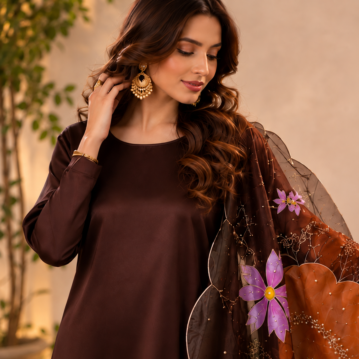 Brown 3-piece suit with dupatta - side view