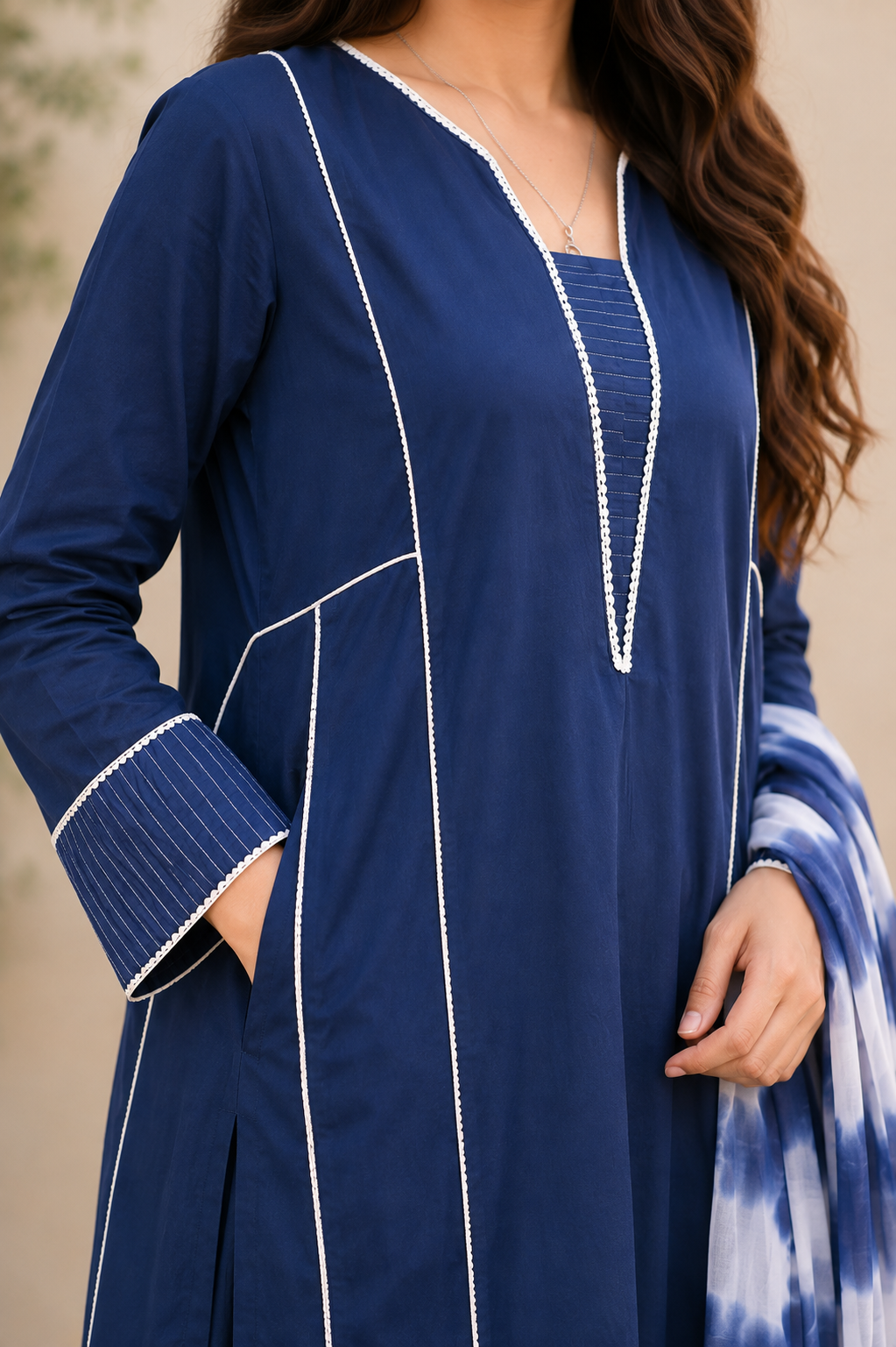 Navy Blue Stripe Co-ord Set - Neckline Detail