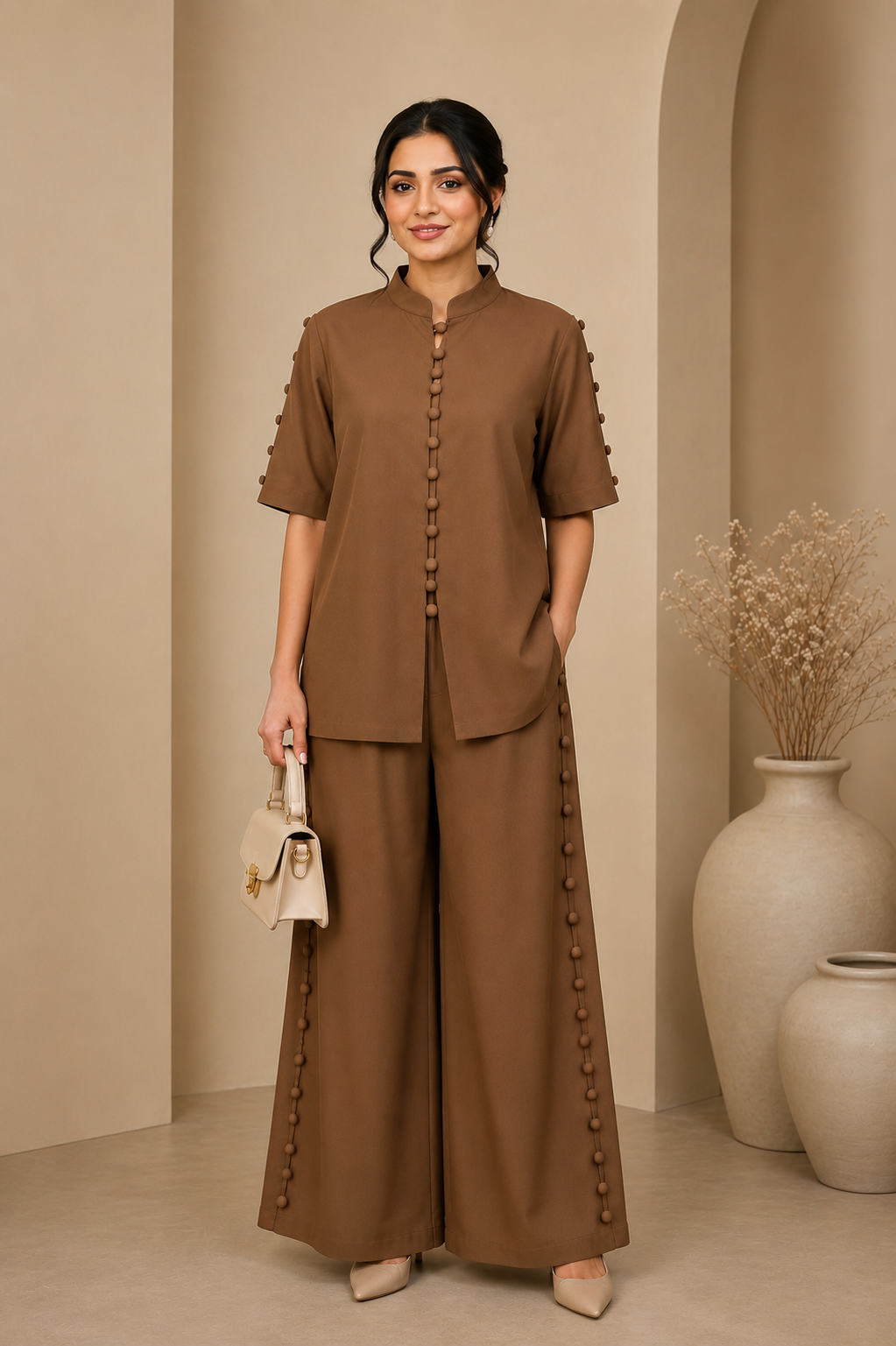 Brown Button Detail Co-ord Set - Front View