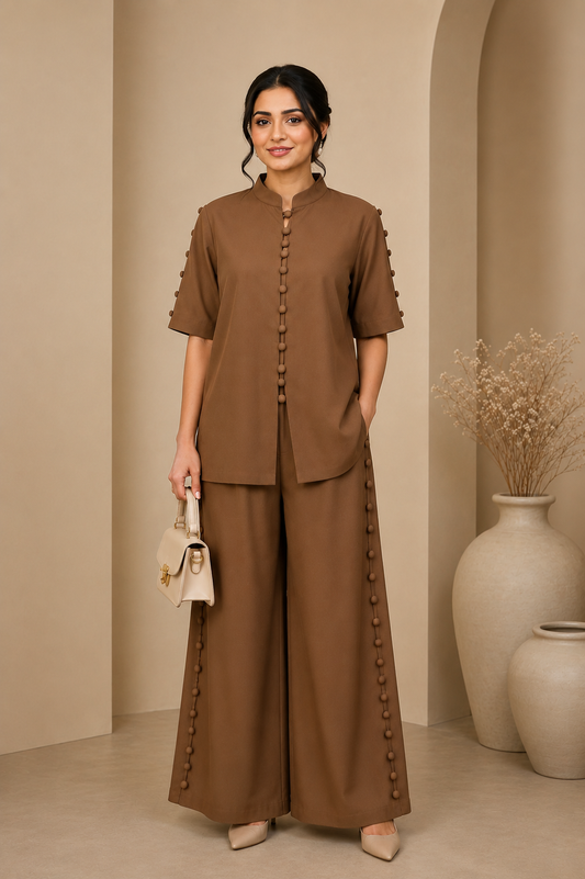 Brown Button Detail Co-ord Set - Front View