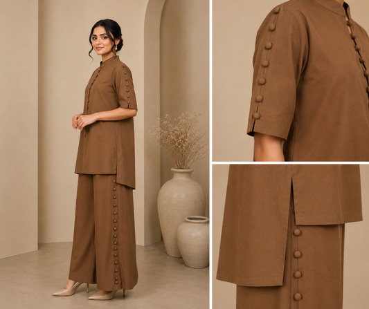 Brown Button Detail Co-ord Set - Side & Detail View