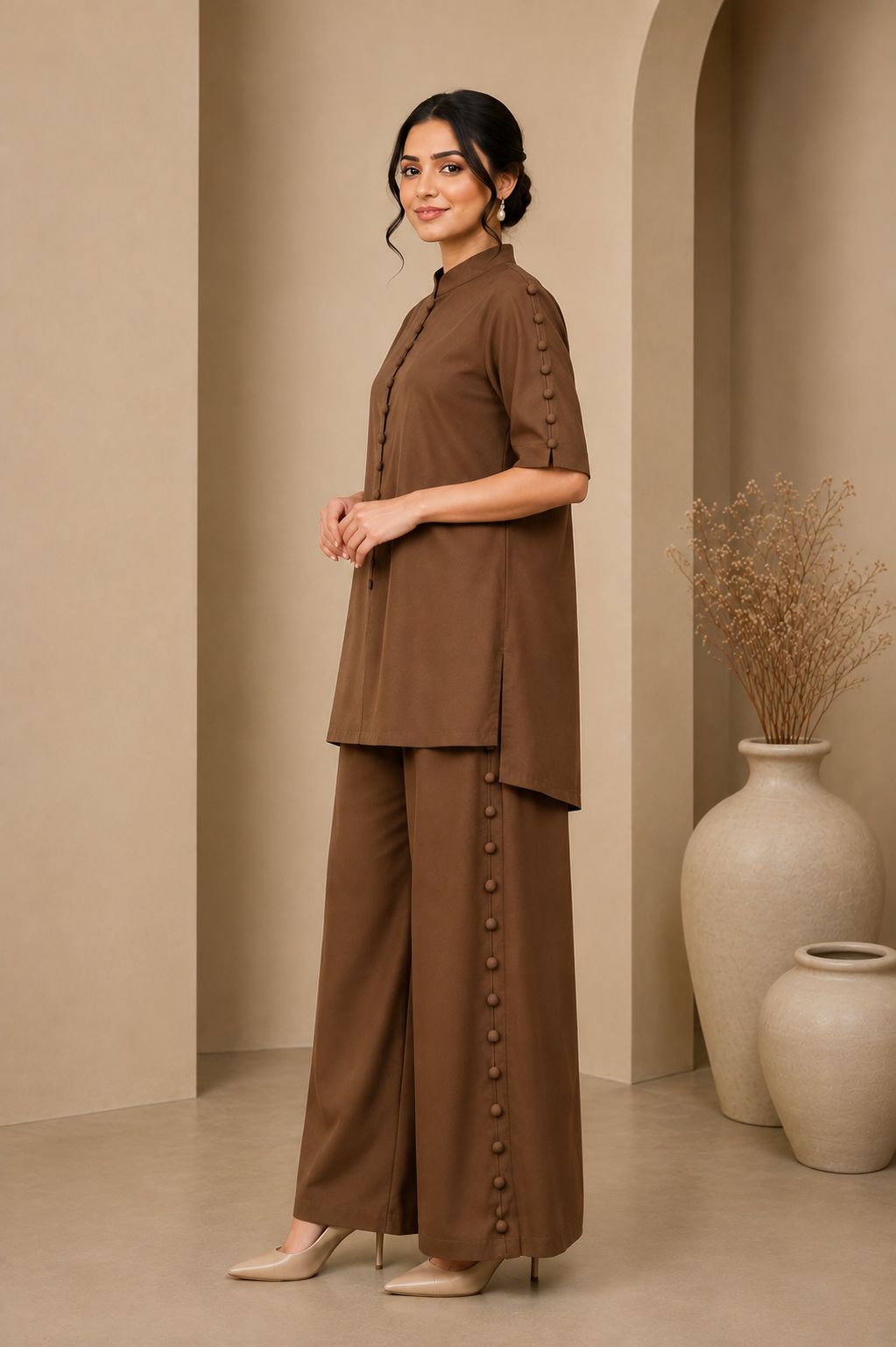 Brown Button Detail Co-ord Set - Side View