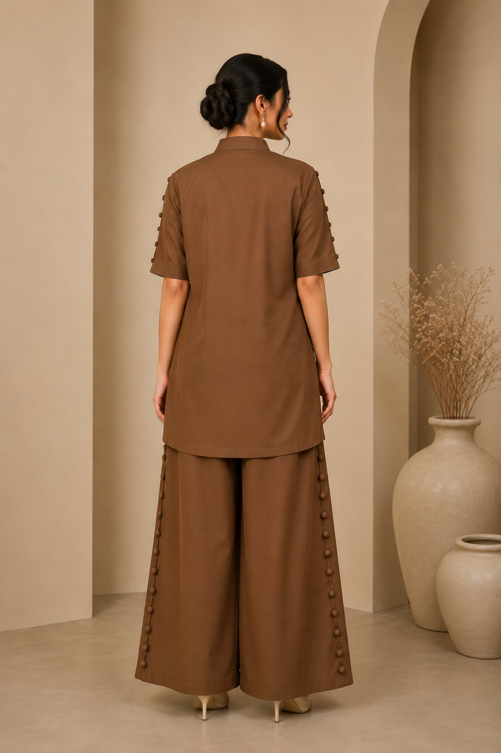 Brown Button Detail Co-ord Set - Back View