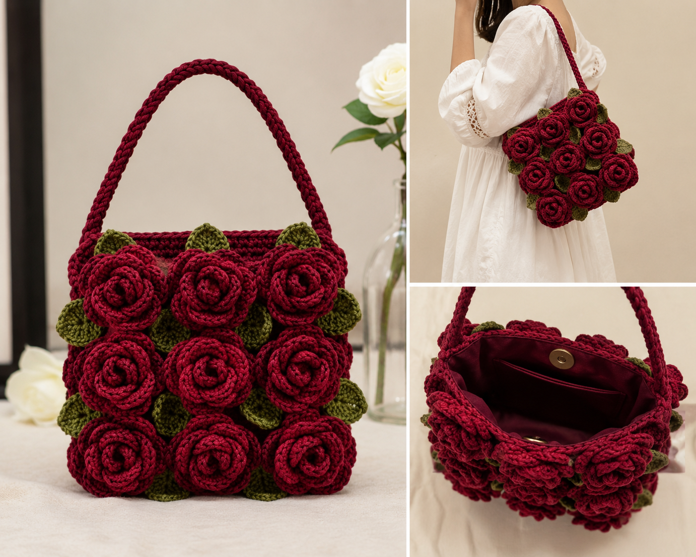 Handcrafted Rose Crochet Bag – multi-angle product shots