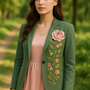Baby Pink Silk Frock with Green Ribbon Work Blazer