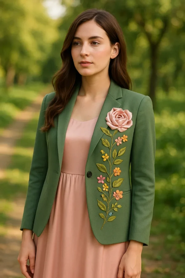 Baby Pink Silk Frock with Green Ribbon Work Blazer