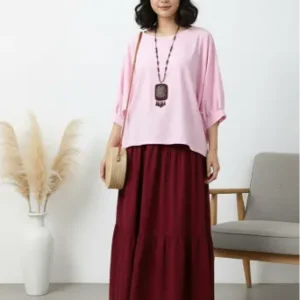 Pink Linen Top & Maroon Skirt